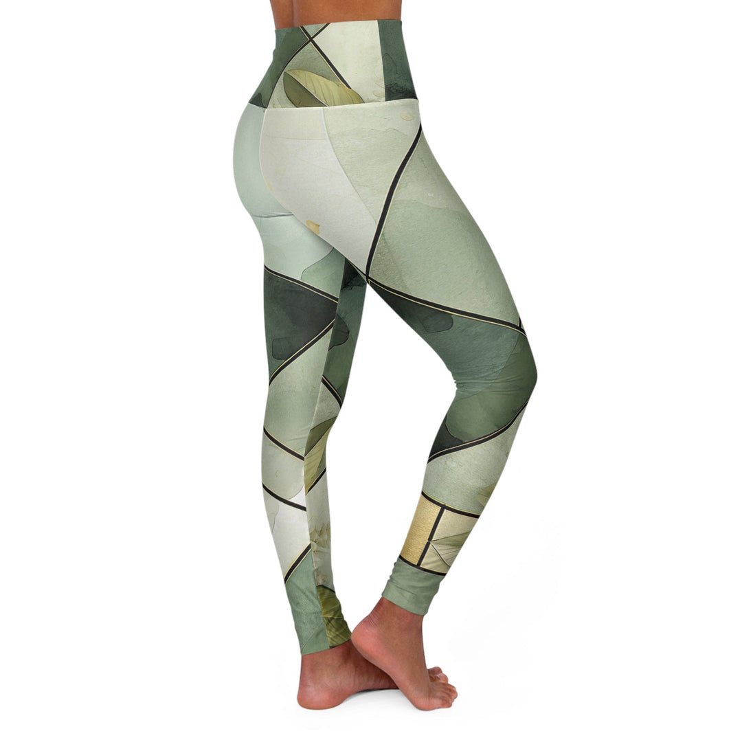 Womens High-waist Fitness Legging Yoga Pants - Olive Green Mint Leaf Geometric