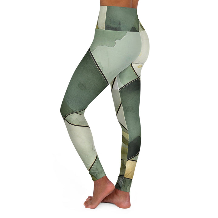 Womens High-waist Fitness Legging Yoga Pants - Olive Green Mint Leaf Geometric