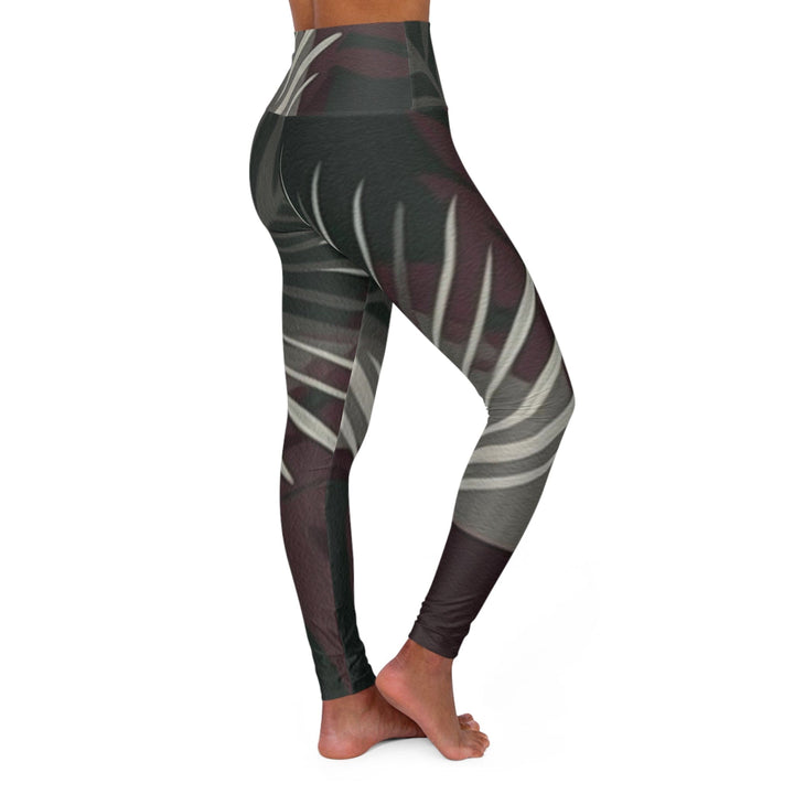Womens High-waist Fitness Legging Yoga Pants - Palm Tree Leaves Maroon Green