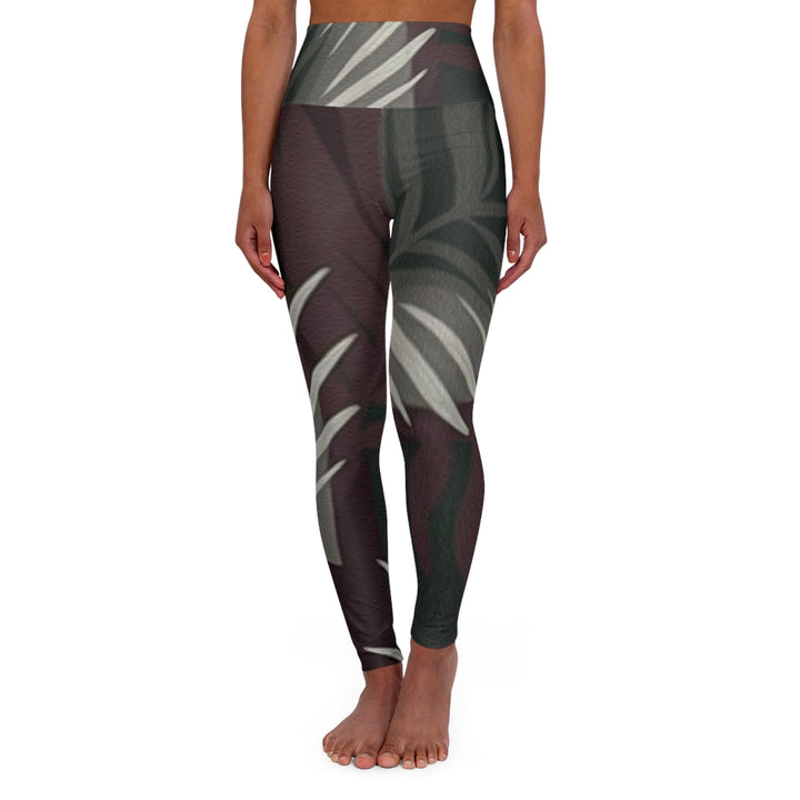 Womens High-waist Fitness Legging Yoga Pants - Palm Tree Leaves Maroon Green