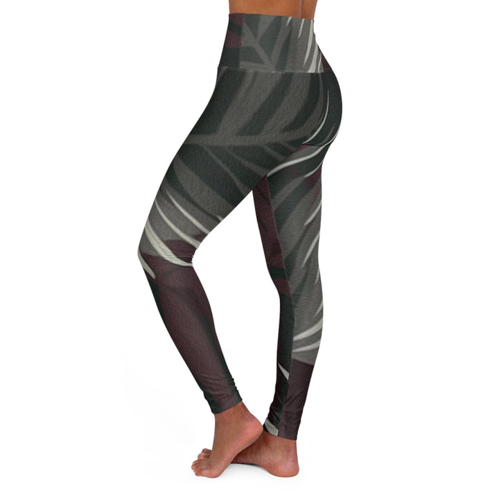 Womens High-waist Fitness Legging Yoga Pants - Palm Tree Leaves Maroon Green
