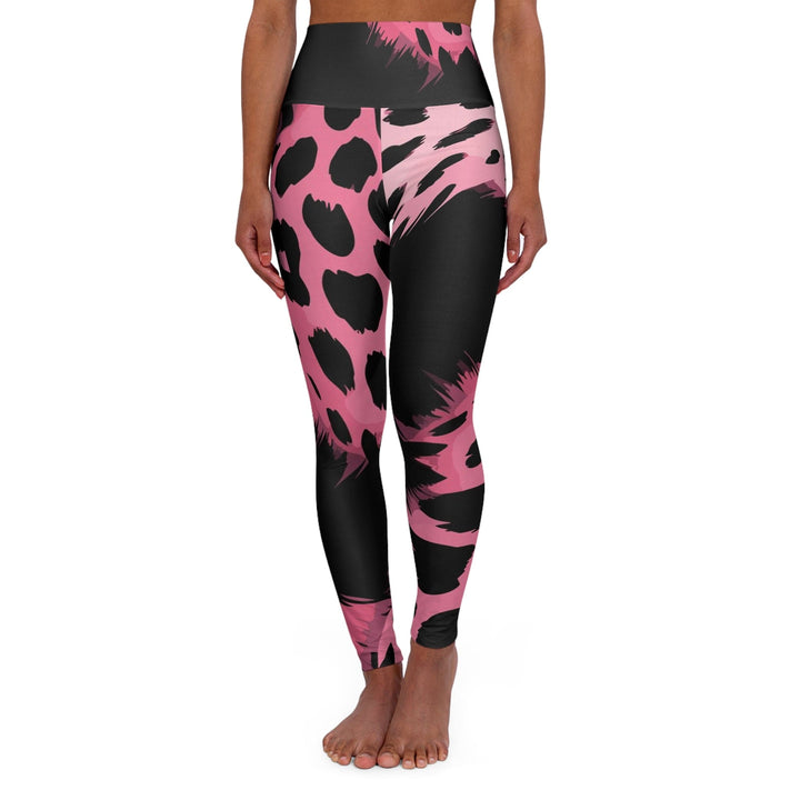 Womens High-waist Fitness Legging Yoga Pants - Pink Black Spotted Print