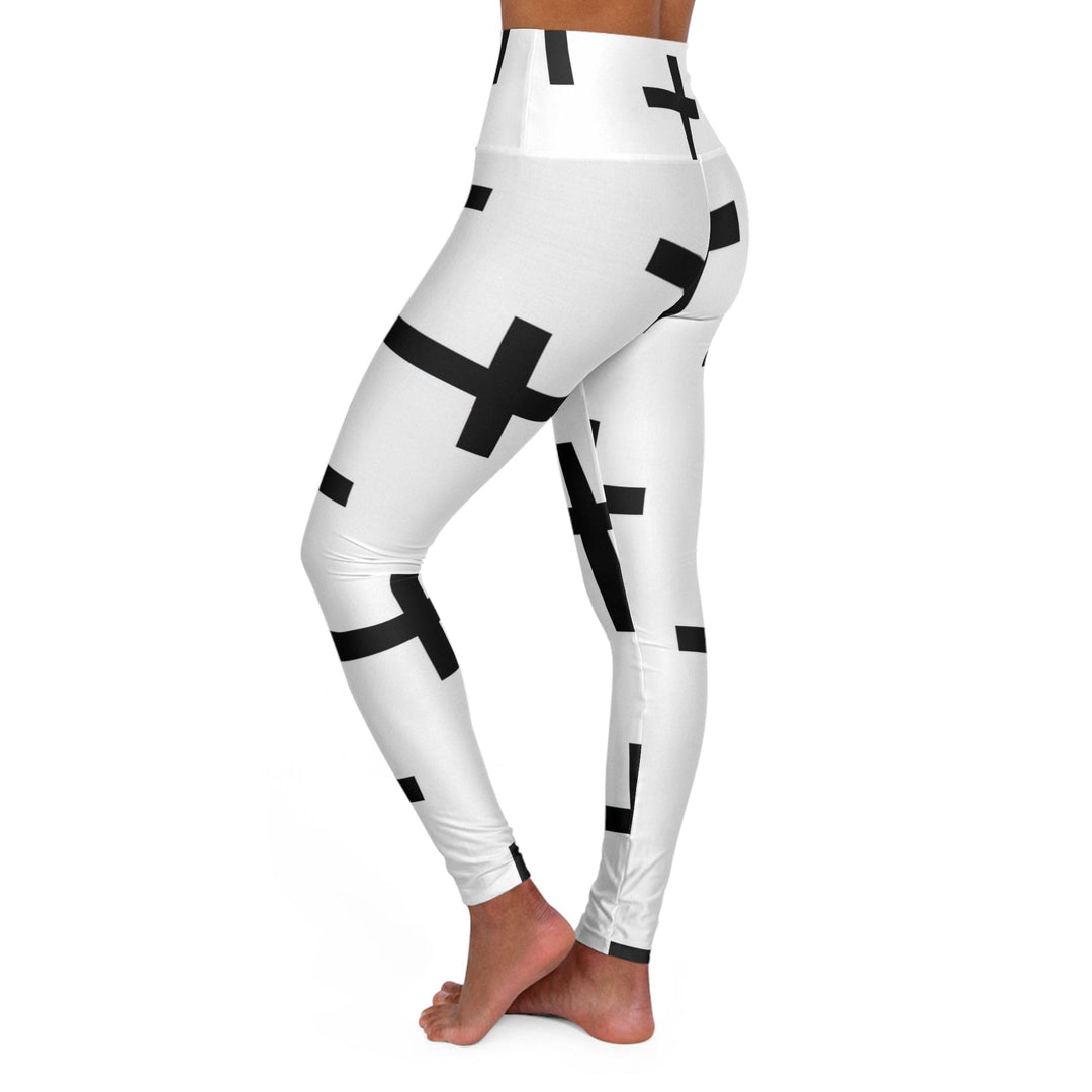 Womens High-waist Fitness Legging Yoga Pants - White Black Cross Print - Womens