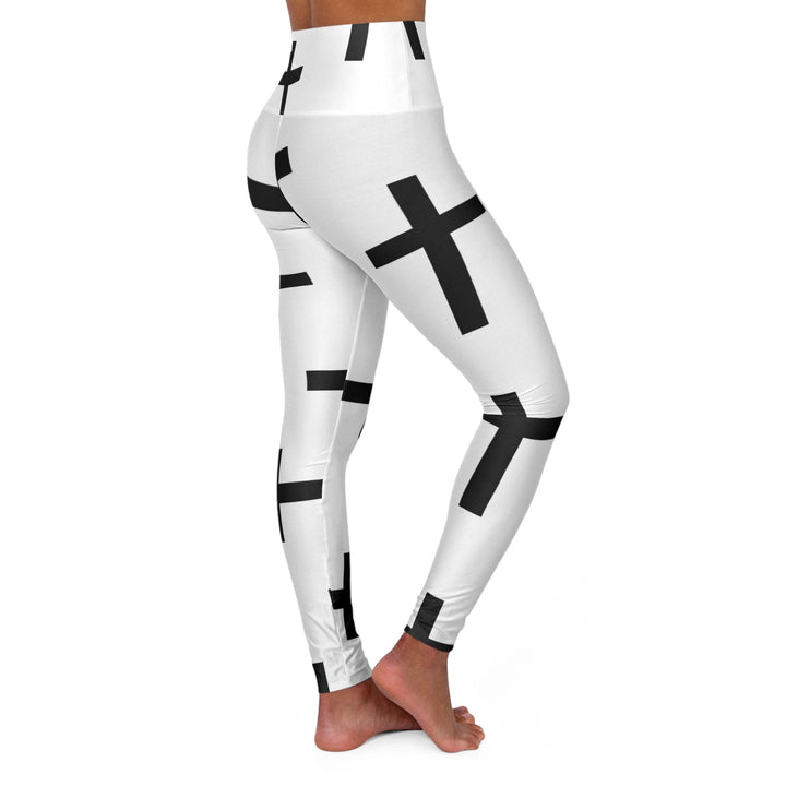 Womens High-waist Fitness Legging Yoga Pants - White Black Cross Print - Womens