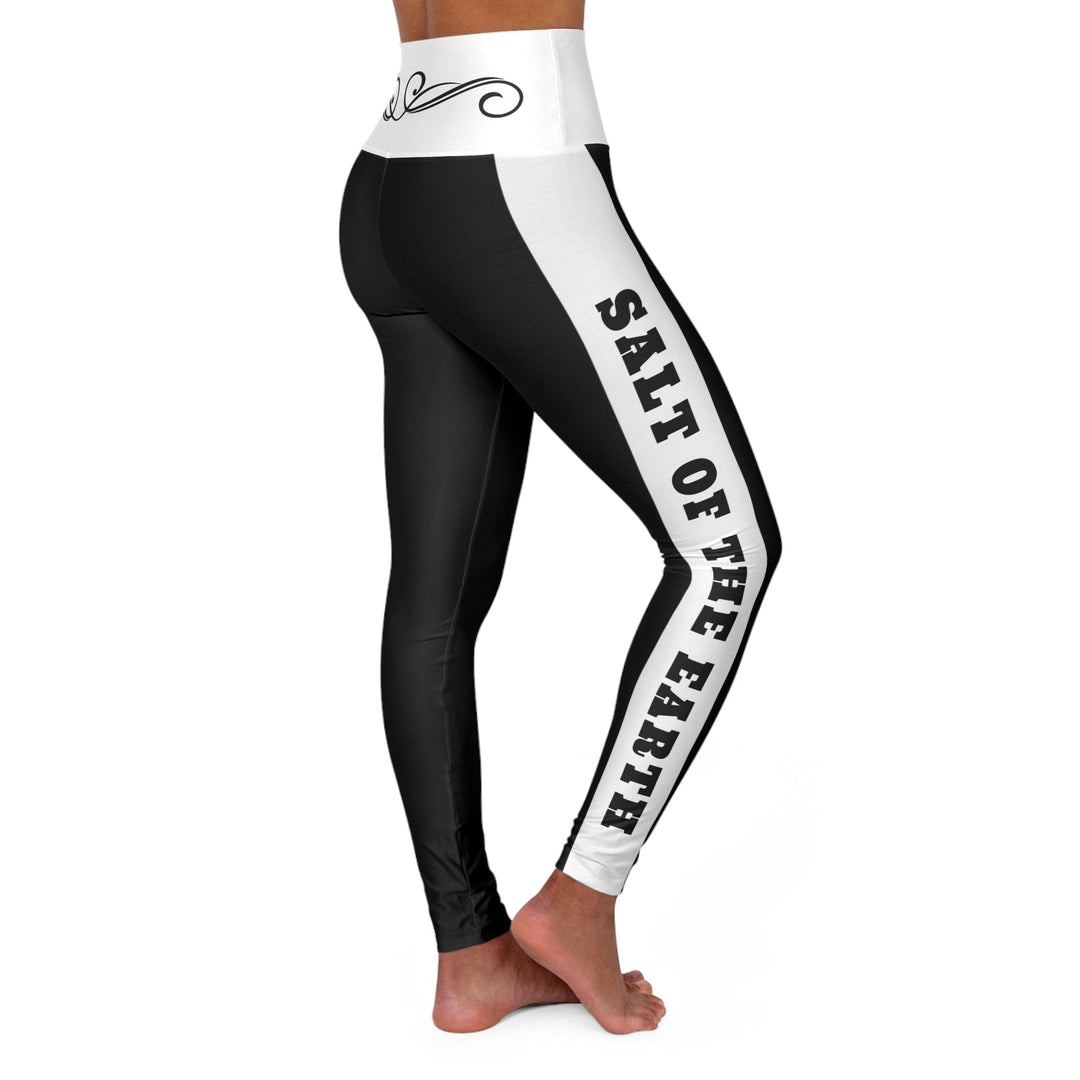 Womens High Waist Fitness Leggings - Black and White Salt of the Earth Scroll