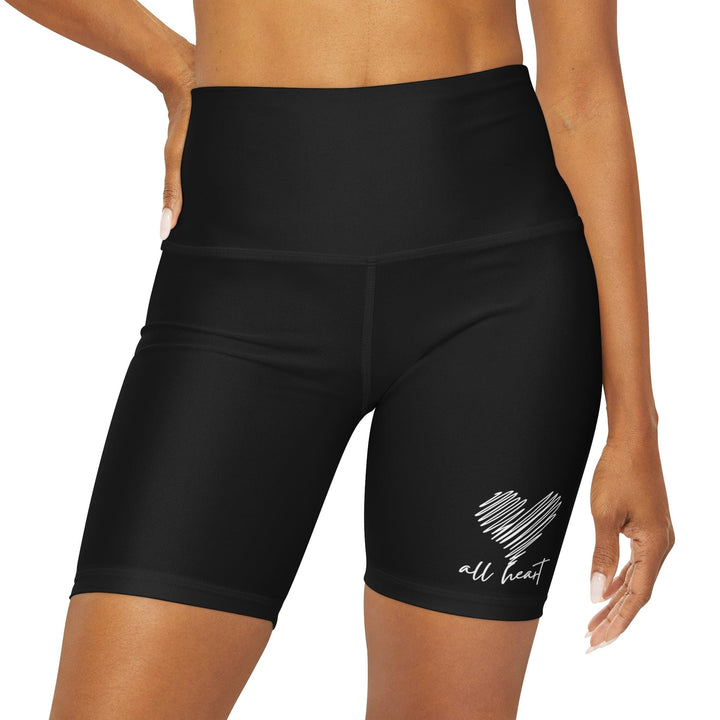 Womens High Waisted Black Yoga Shorts Say it Soul All Heart White Line Art