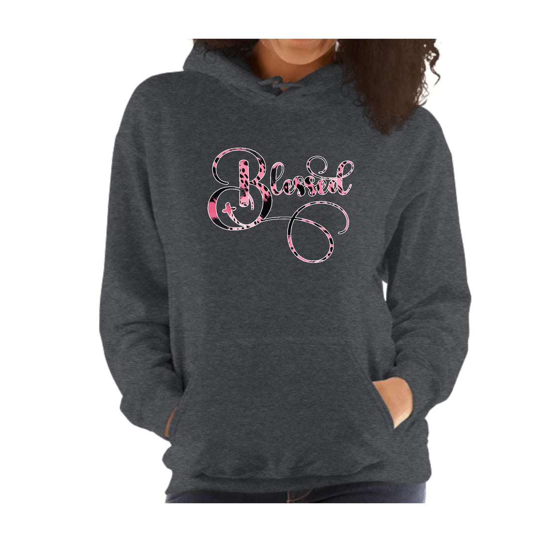 Womens Hoodie Blessed Pink and Black Patterned Graphic Illustration - Womens