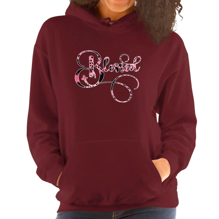 Womens Hoodie Blessed Pink and Black Patterned Graphic Illustration - Womens