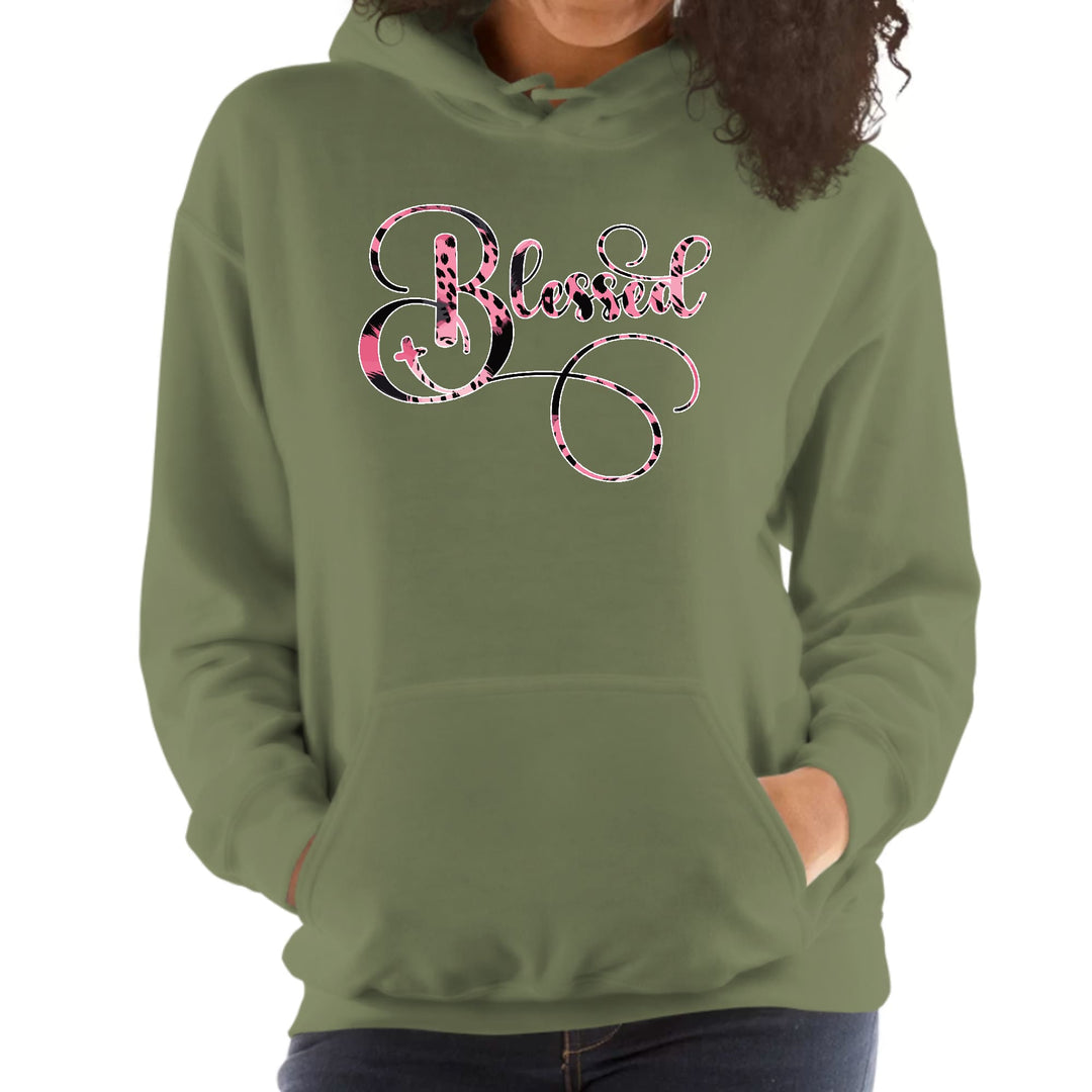 Womens Hoodie Blessed Pink and Black Patterned Graphic Illustration - Womens