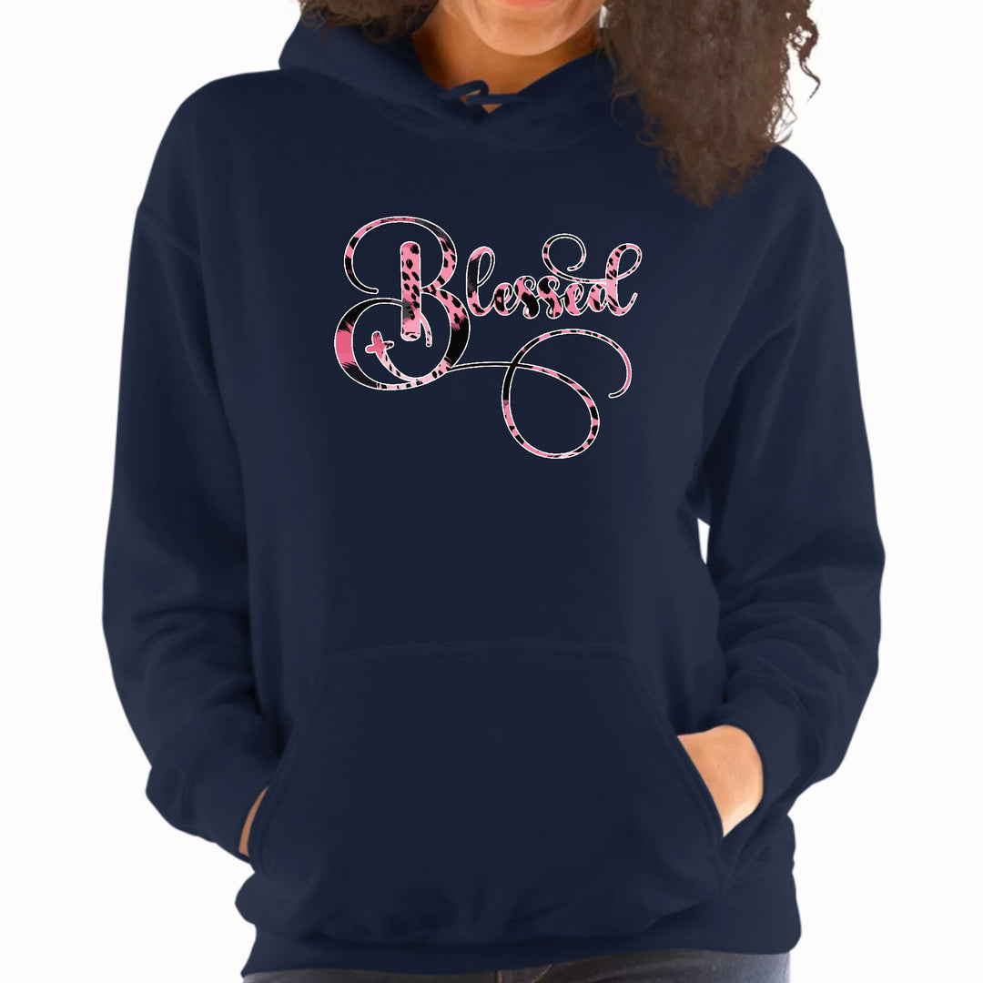 Womens Hoodie Blessed Pink and Black Patterned Graphic Illustration - Womens