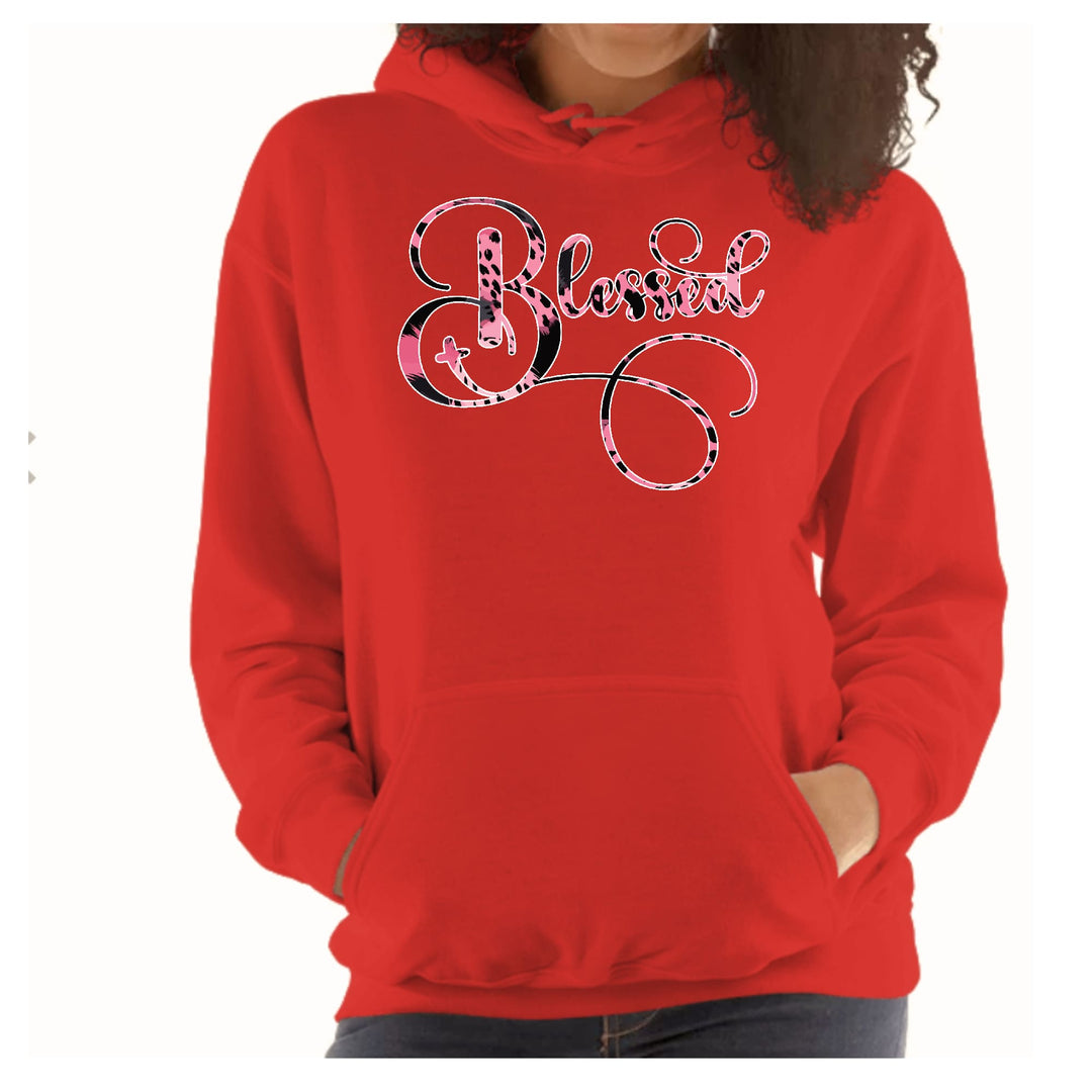 Womens Hoodie Blessed Pink and Black Patterned Graphic Illustration - Womens