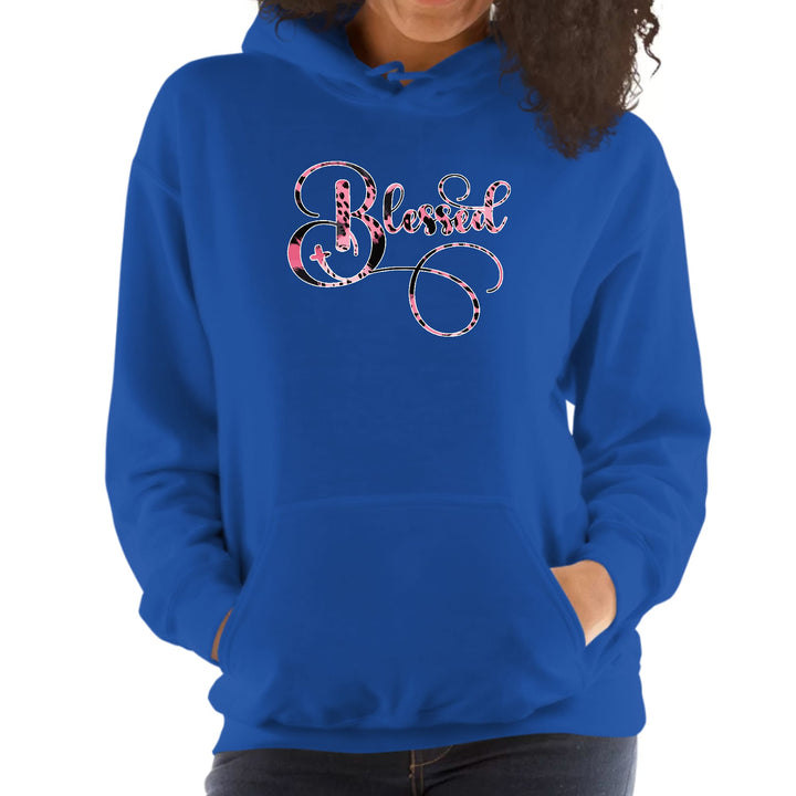 Womens Hoodie Blessed Pink and Black Patterned Graphic Illustration - Womens