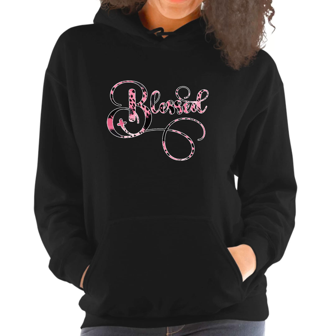 Womens Hoodie Blessed Pink and Black Patterned Graphic Illustration - Womens