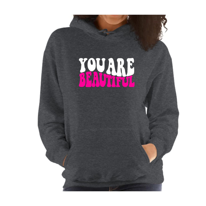 Womens Hoodie You Are Beautiful Pink White Affirmation Illustration - Womens