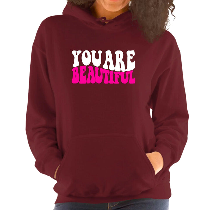 Womens Hoodie you are Beautiful Pink White Affirmation Illustration - Womens