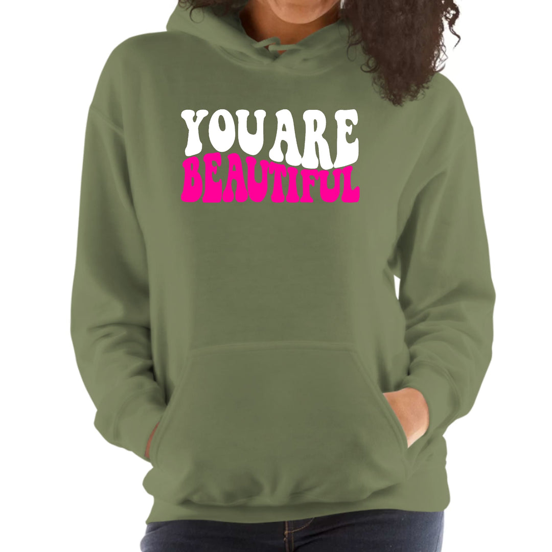 Womens Hoodie You Are Beautiful Pink White Affirmation Illustration - Womens