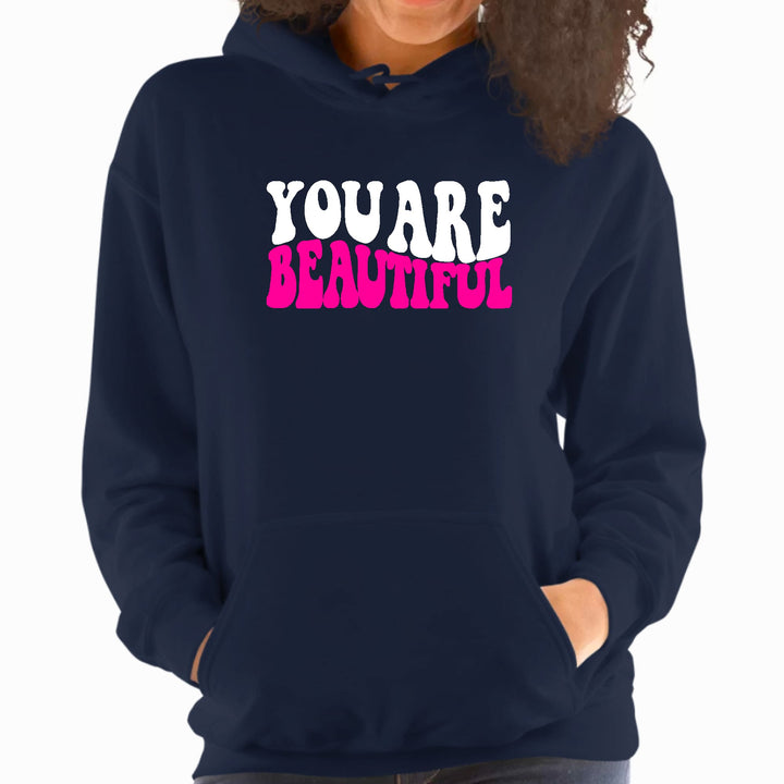 Womens Hoodie you are Beautiful Pink White Affirmation Illustration - Womens