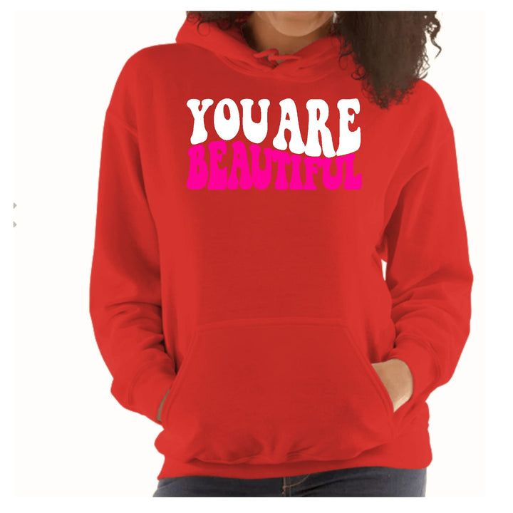 Womens Hoodie you are Beautiful Pink White Affirmation Illustration - Womens