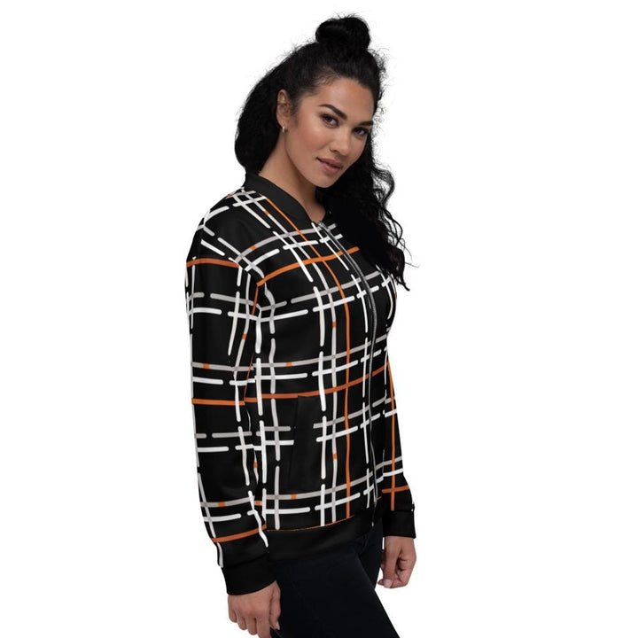Womens Jacket - Black And Orange Tartan Style Bomber Jacket - Womens | Jackets