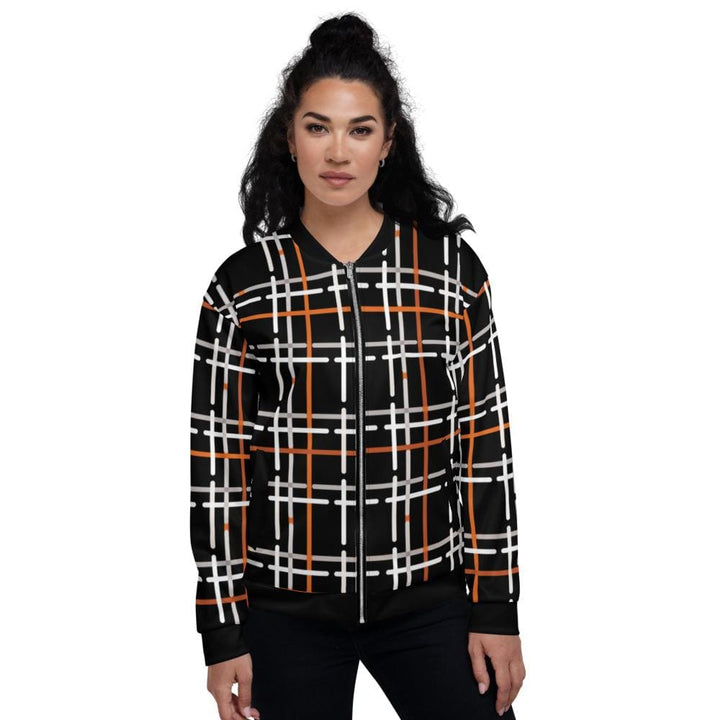 Womens Jacket - Black And Orange Tartan Style Bomber Jacket - Womens | Jackets