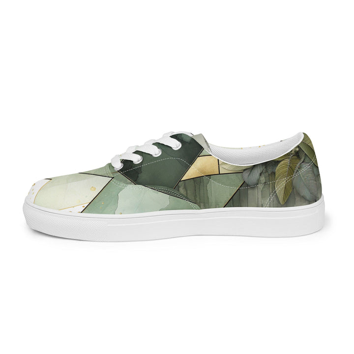 Womens Lace-up Canvas Shoes Olive Green Mint Leaf Geometric Print