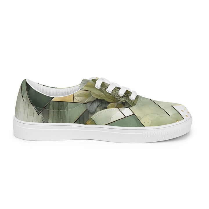 Womens Lace-up Canvas Shoes Olive Green Mint Leaf Geometric Print