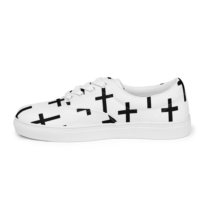 Womens Lace-up Canvas Shoes White Black Cross Print