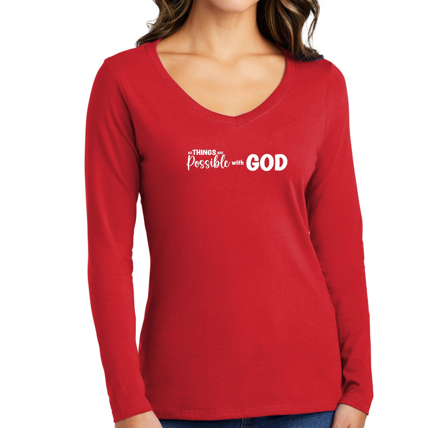 Womens Long Sleeve Graphic T - shirt All Things Are Possible With God - T