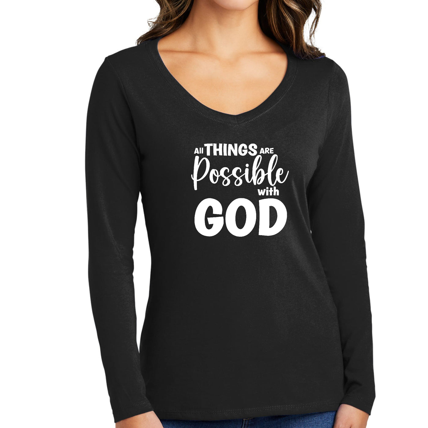 Womens Long Sleeve Graphic T - shirt All Things Are Possible With God - Womens
