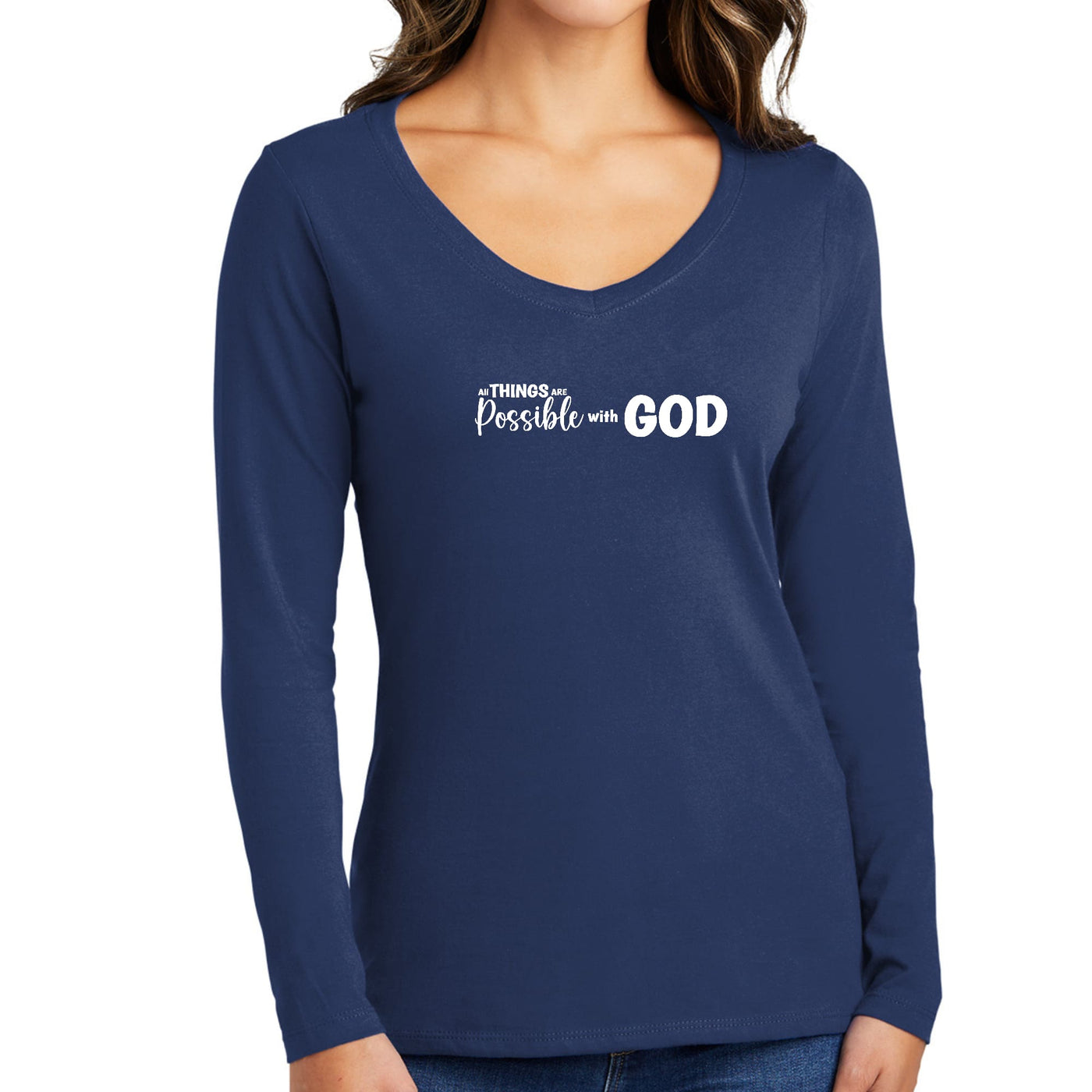 Womens Long Sleeve Graphic T - shirt All Things Are Possible With God - T