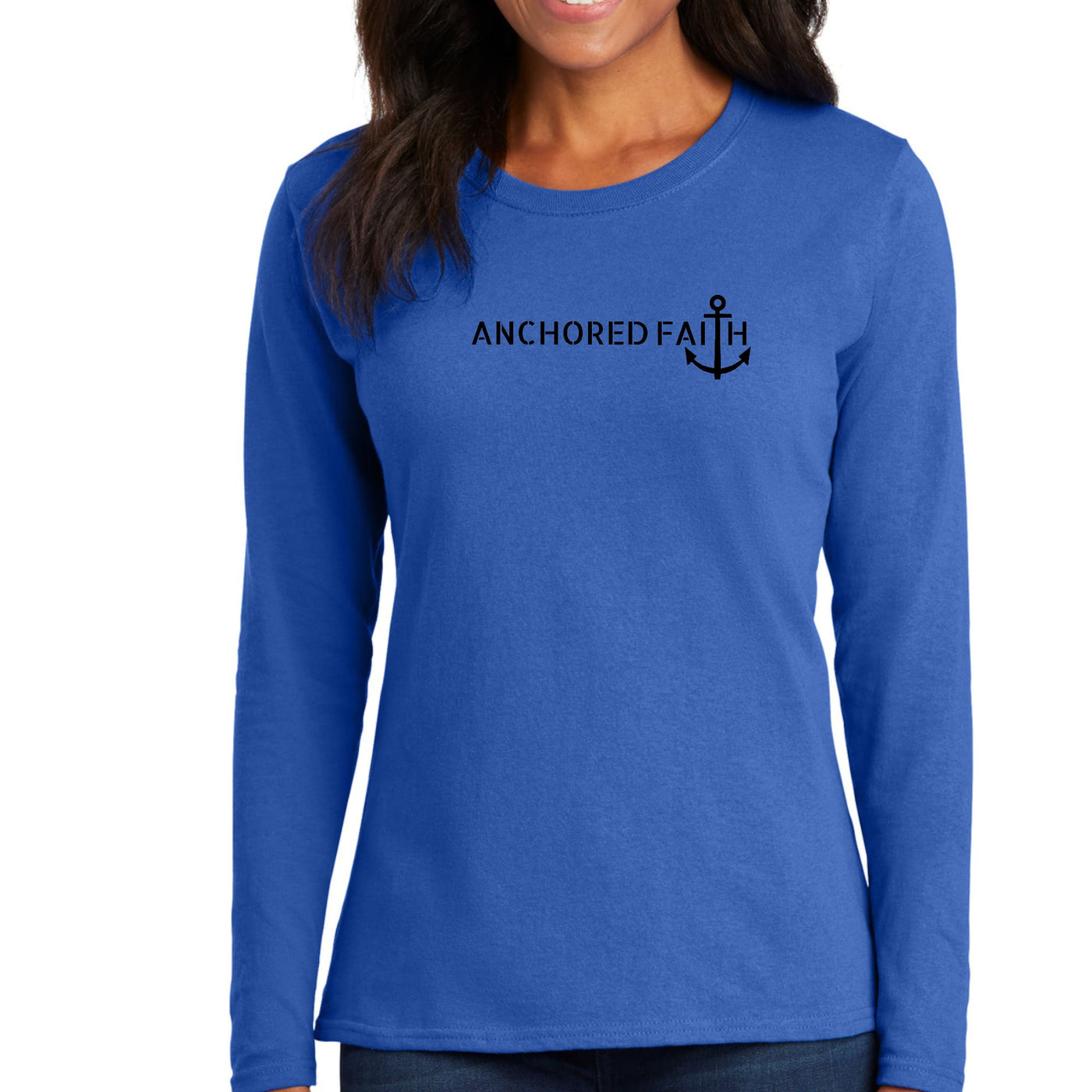 Womens Long Sleeve Graphic T-shirt Anchored Faith Black Print - Womens