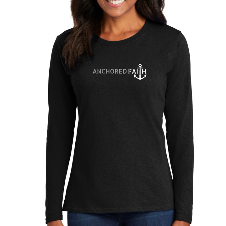 Womens Long Sleeve Graphic T-shirt - Anchored Faith Grey and White