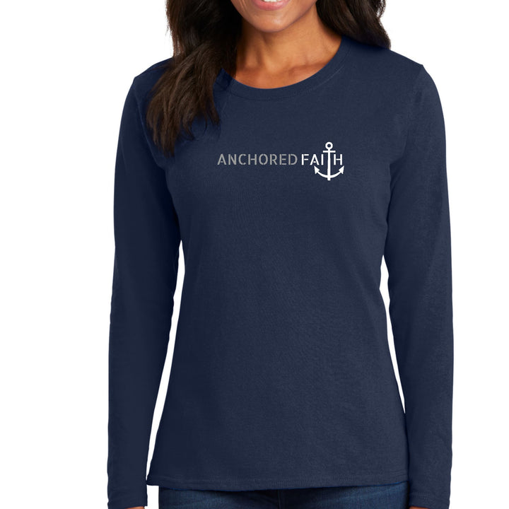 Womens Long Sleeve Graphic T-shirt - Anchored Faith Grey and White