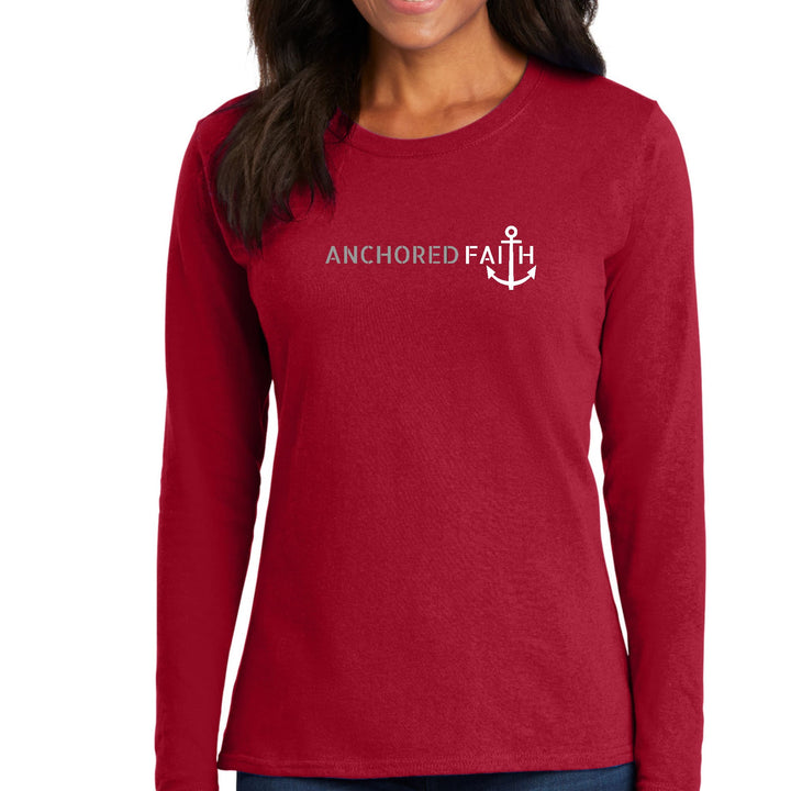 Womens Long Sleeve Graphic T-shirt - Anchored Faith Grey and White