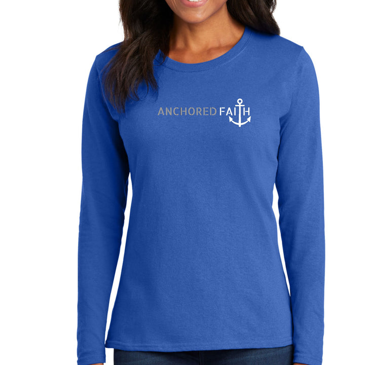 Womens Long Sleeve Graphic T-shirt - Anchored Faith Grey and White