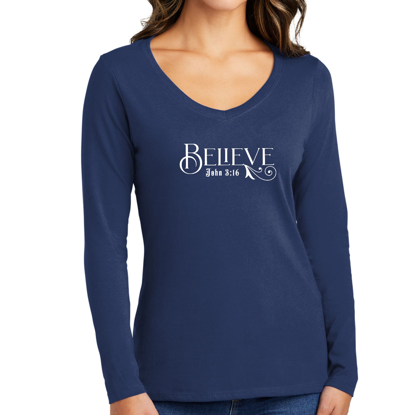 Womens Long Sleeve Graphic T - shirt Believe John 3:16 - T - Shirts Sleeves