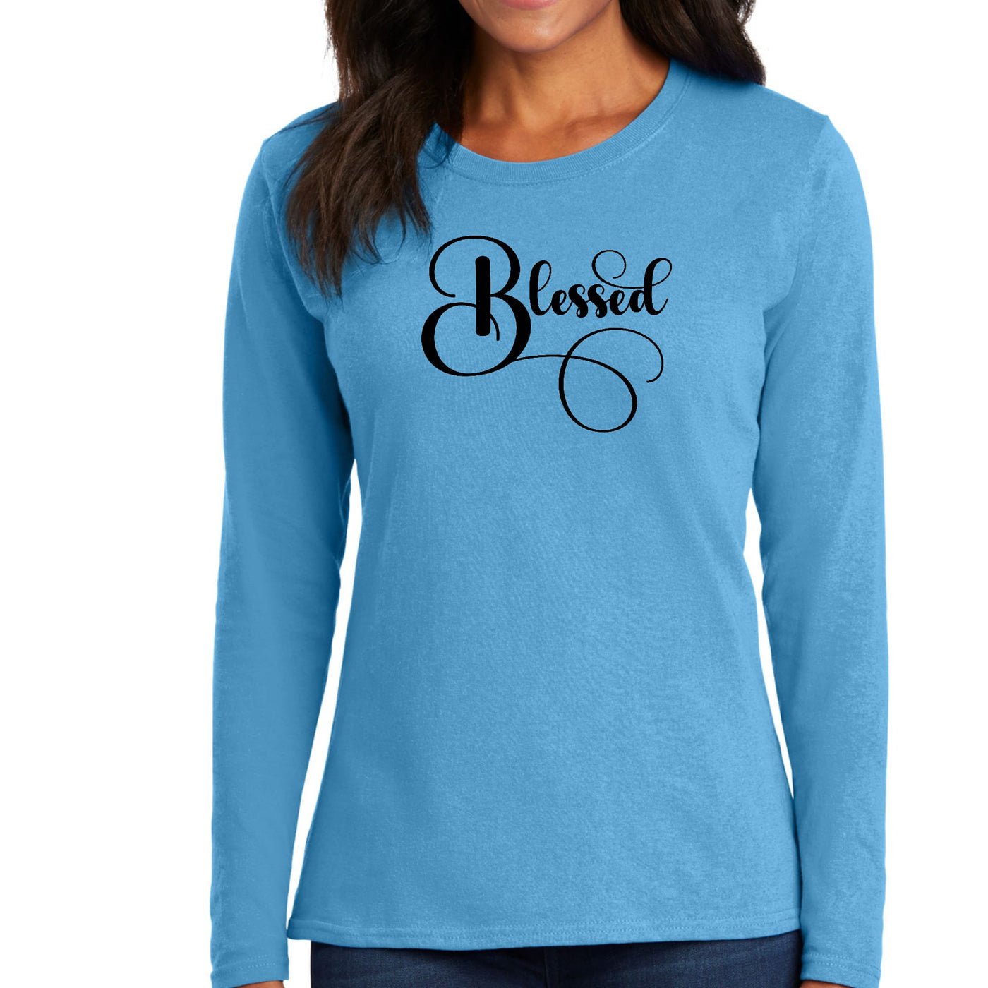 Womens Long Sleeve Graphic T-shirt Blessed Black Graphic Illustration - Womens