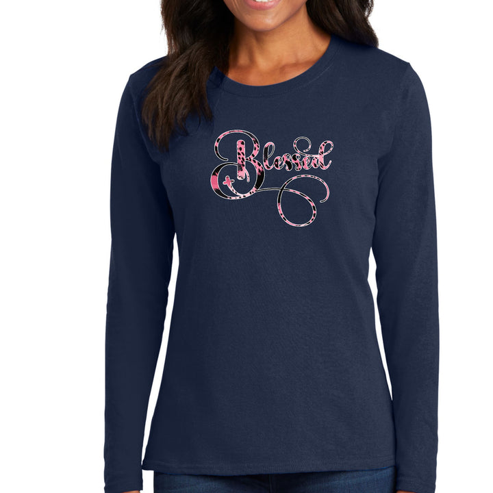 Womens Long Sleeve Graphic T-shirt Blessed Pink And Black Patterned - Womens