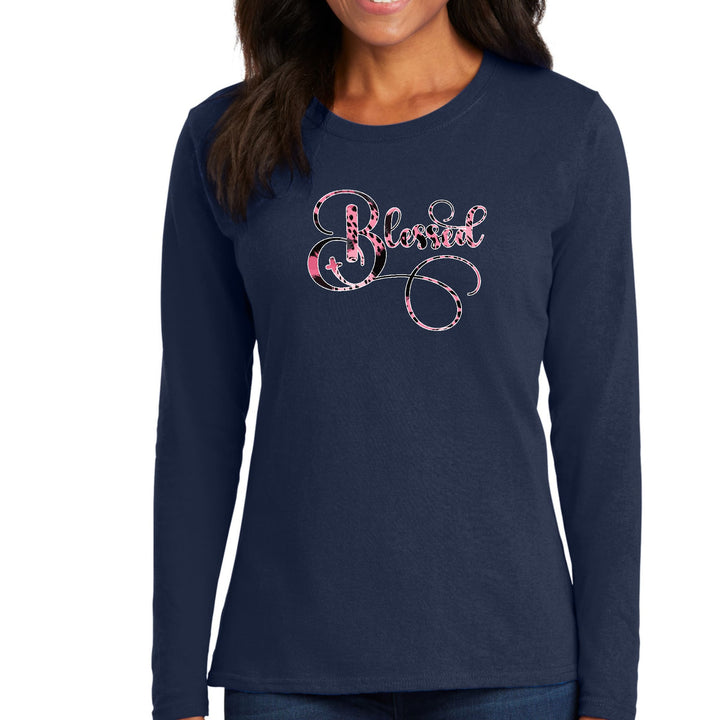 Womens Long Sleeve Graphic T-shirt Blessed Pink and Black Patterned - Womens