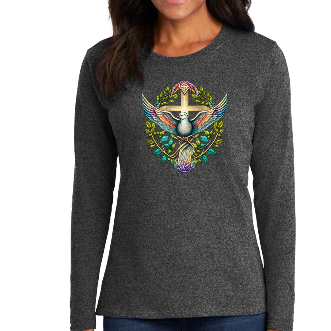 Womens Long Sleeve Graphic T-shirt - Blue Green Multicolor Dove Floral - Womens