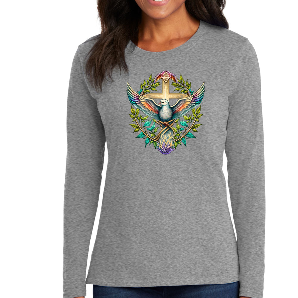 Womens Long Sleeve Graphic T-shirt Blue Green Multicolor Dove Floral - Womens