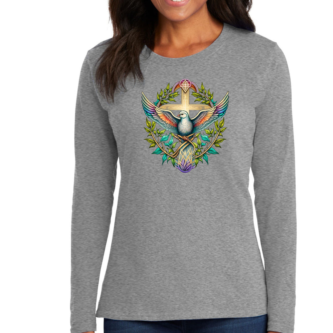 Womens Long Sleeve Graphic T-shirt - Blue Green Multicolor Dove Floral - Womens