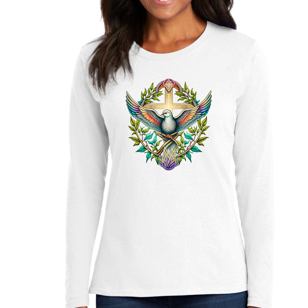 Womens Long Sleeve Graphic T-shirt Blue Green Multicolor Dove Floral - Womens