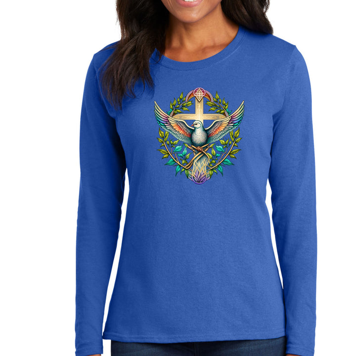 Womens Long Sleeve Graphic T-shirt - Blue Green Multicolor Dove Floral - Womens