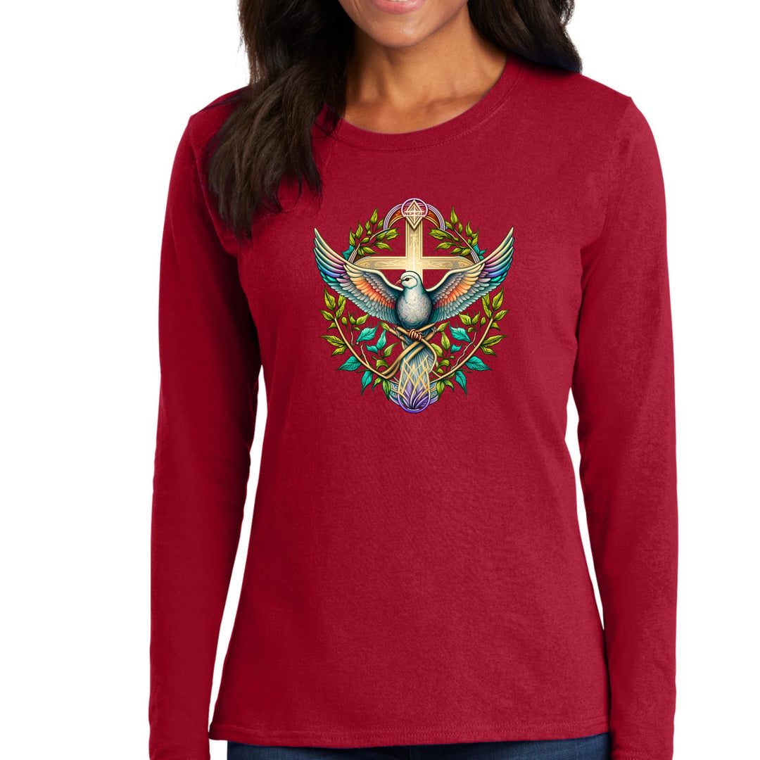 Womens Long Sleeve Graphic T-shirt - Blue Green Multicolor Dove Floral - Womens