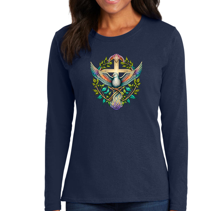 Womens Long Sleeve Graphic T-shirt - Blue Green Multicolor Dove Floral - Womens