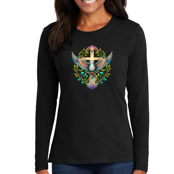 Womens Long Sleeve Graphic T-shirt - Blue Green Multicolor Dove Floral - Womens