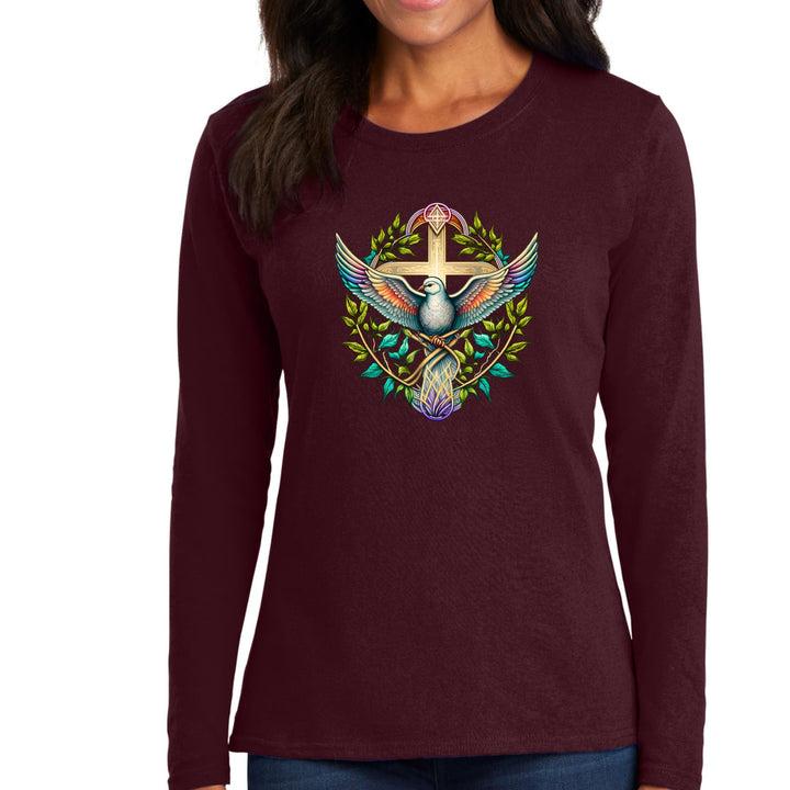 Womens Long Sleeve Graphic T-shirt - Blue Green Multicolor Dove Floral - Womens