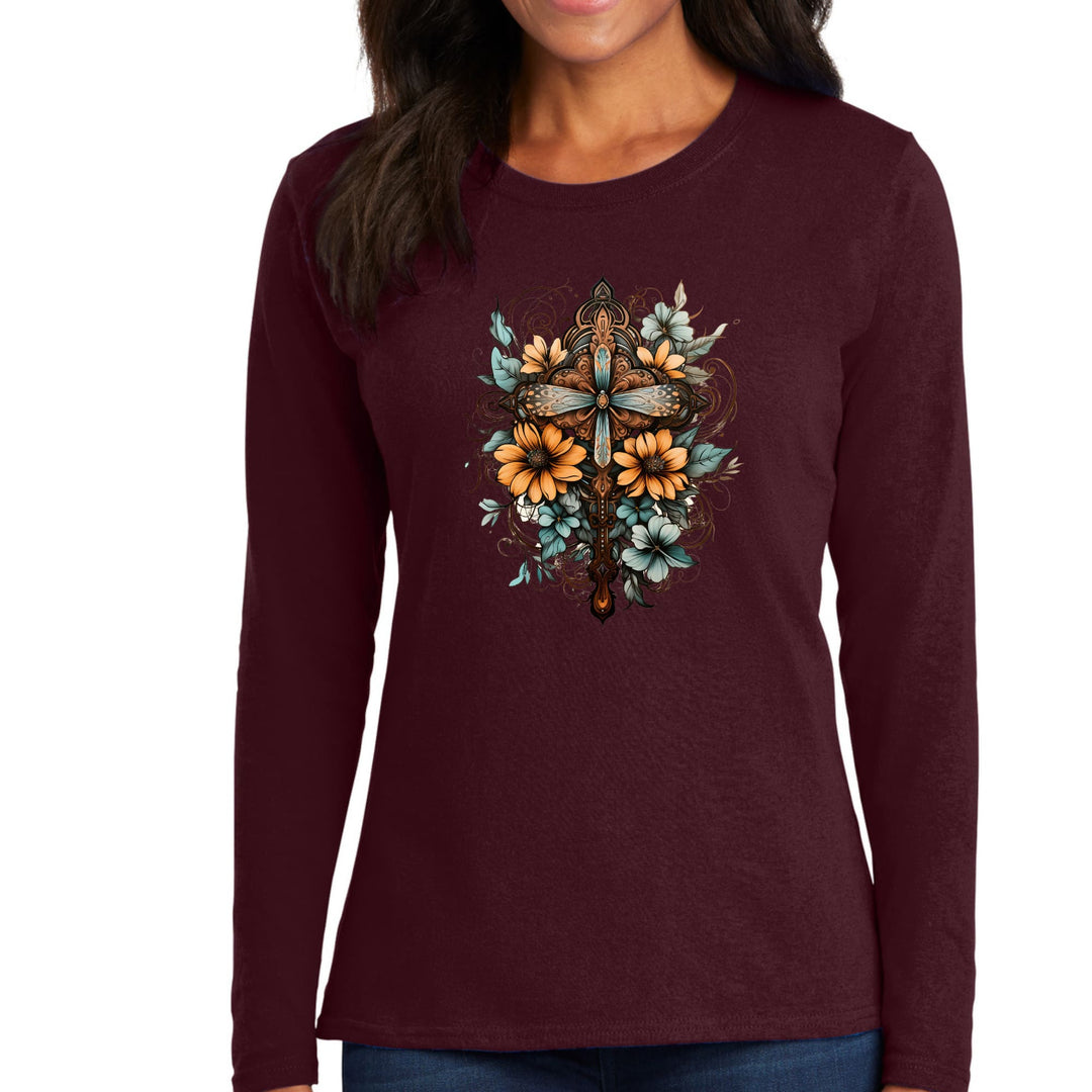 Womens Long Sleeve Graphic T-shirt Christian Cross Floral Bouquet - Womens