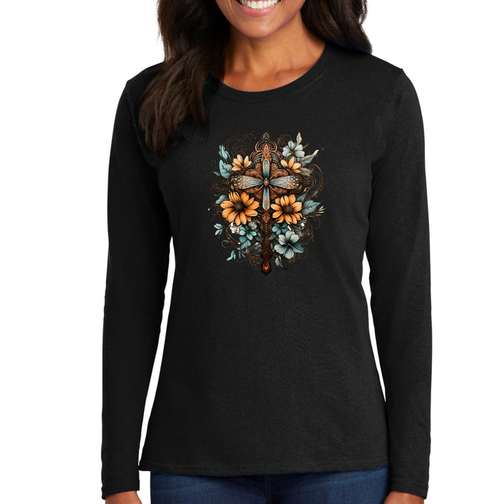 Womens Long Sleeve Graphic T-shirt Christian Cross Floral Bouquet - Womens